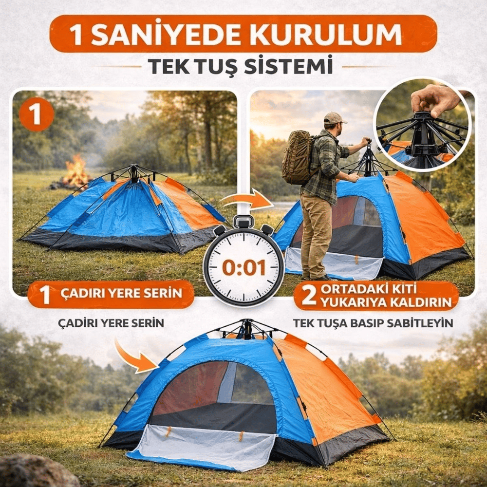 8 kişilik Otomatik Kurulum Kamp Çadırı – Outdoor , Suya Dayanıklı Hızlı Kurulum Piknik Ve Doğa İçin Geniş Aile Çadırı 250x250x165 Cm Bx40