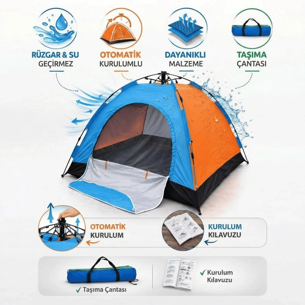8 kişilik Otomatik Kurulum Kamp Çadırı – Outdoor , Suya Dayanıklı Hızlı Kurulum Piknik Ve Doğa İçin Geniş Aile Çadırı 250x250x165 Cm Bx40