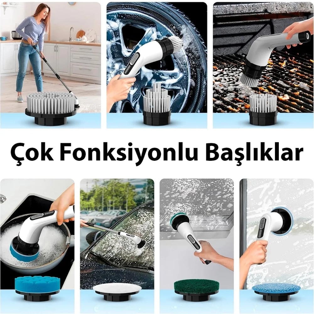9'u 1 Arada Çok Amaçlı Kablosuz Şarjlı Temizlik Fırçası Ip67 Yıkanabilir Başlık Bx40