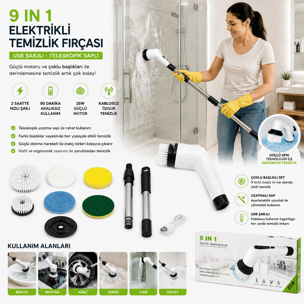 9ın1 25w - Kablosuz - Hızlı Şarj Elektrikli Şarjlı Temizlik Fırçası Rzg-2026 Bx40
