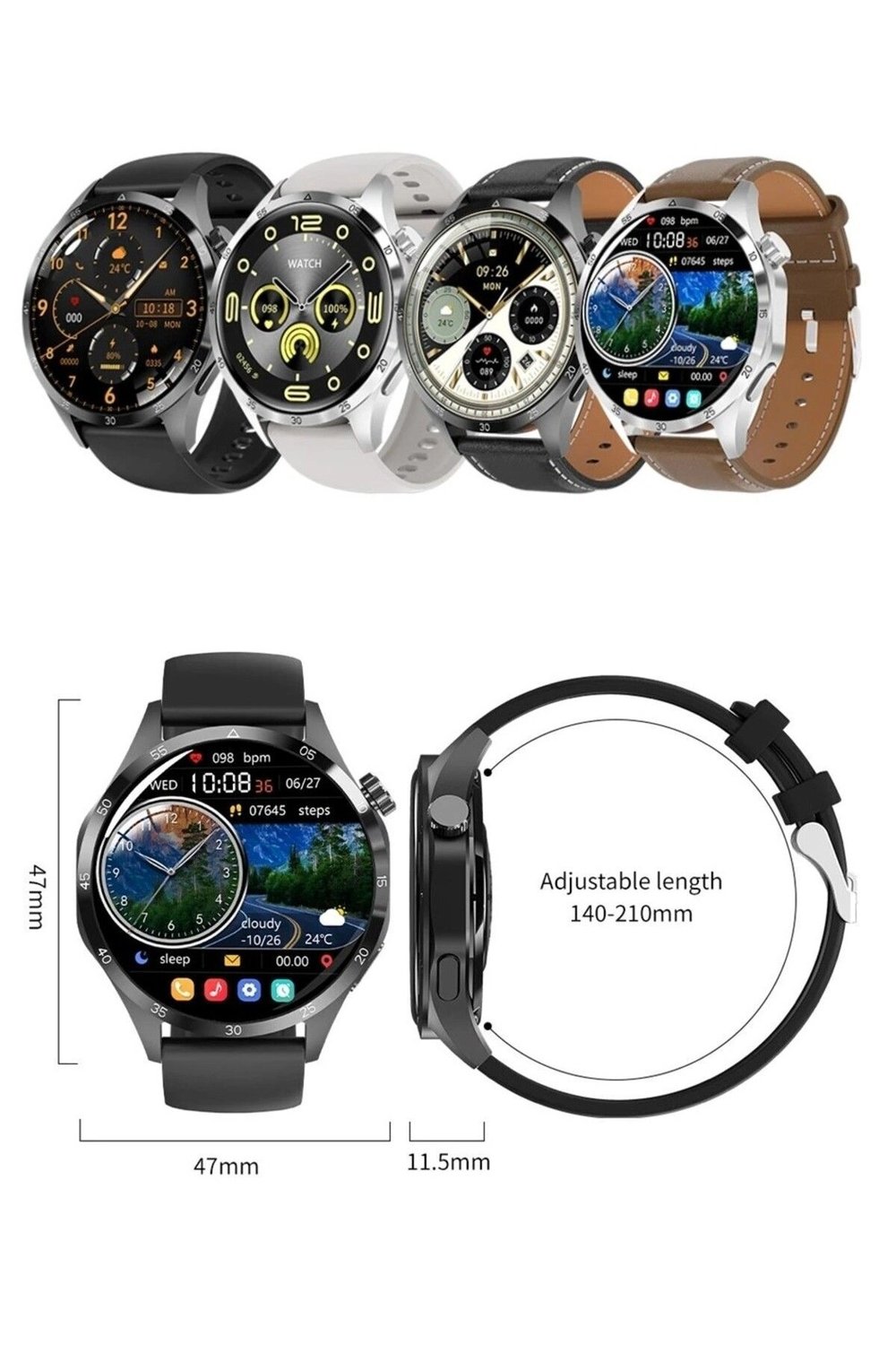 AMOLED Ekranlı Çelik Kasa ve Kordonlu Akıllı Saat, Nabız ve Uyku Takibi Özellikli, Siyah Renk