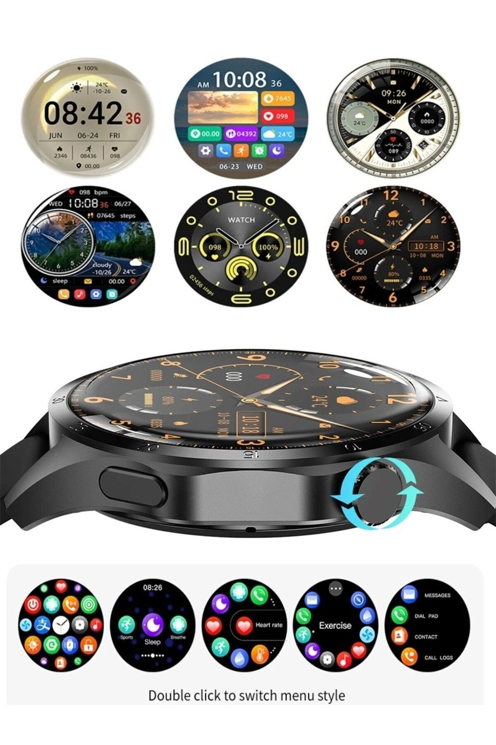 AMOLED Ekranlı Çelik Kasa ve Kordonlu Akıllı Saat, Nabız ve Uyku Takibi Özellikli, Siyah Renk