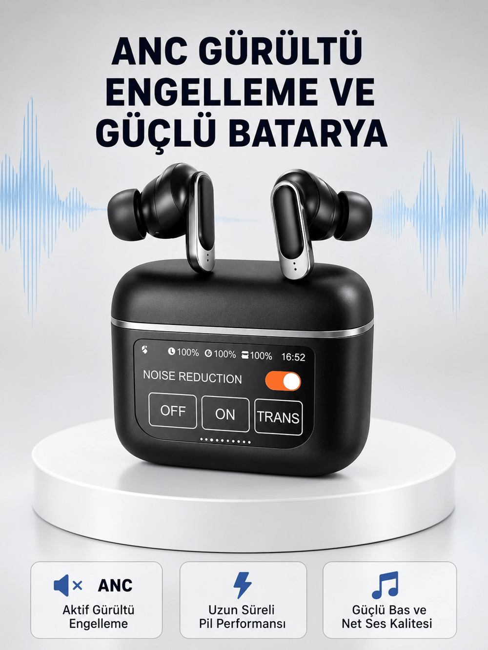 ANC Teknolojili Kablosuz Bluetooth Kulaklık – Dokunmatik, Dijital Göstergeli, Yüksek Ses Kalitesi