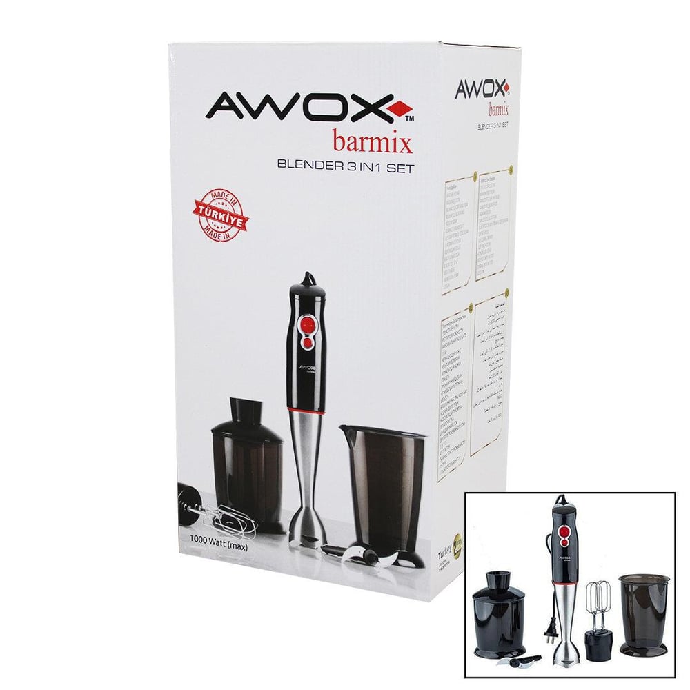 AWOX BARMİX  3İN1  BLENDER SETİ  ÇELİK 2Lİ MİKSER   ÇELİK RONDO BIÇAK   ÇELİK 4 KANATLI BIÇAK   1000W (3936)