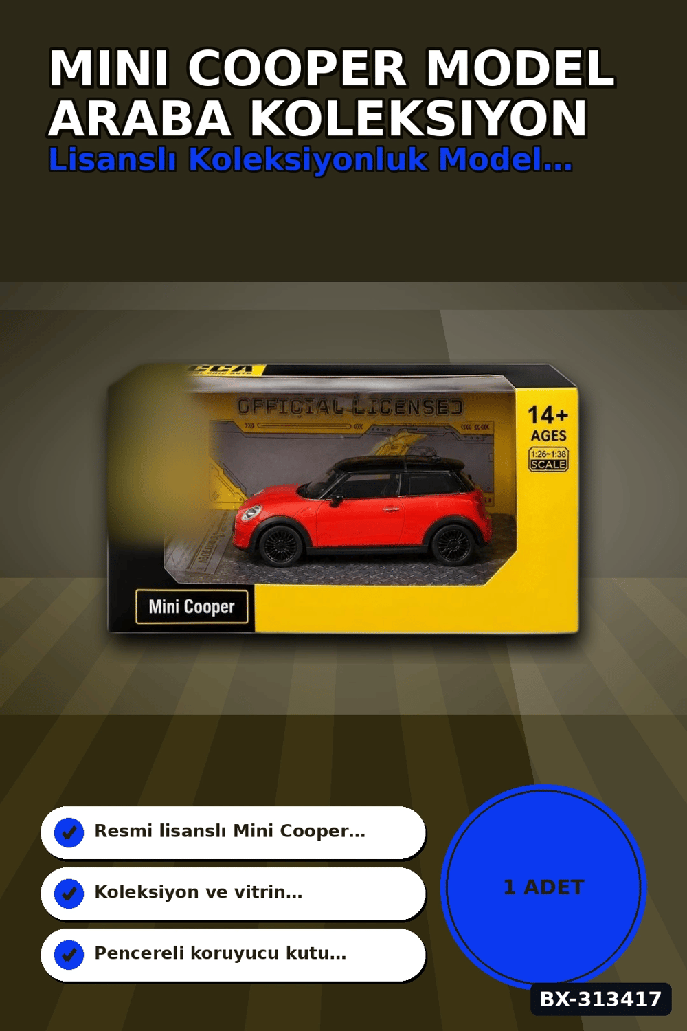 Açık Kırmızı 1/32 Mini Cooper Model Araba Koleksiyonluk Vitrin Oyuncak - Tekli BX-313417