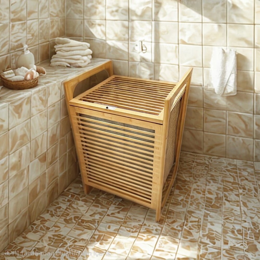 Ahşap Bambu Kirli Çamaşır Sepet Kumaş Çantalı Sepet=40x35x60cm Bx40