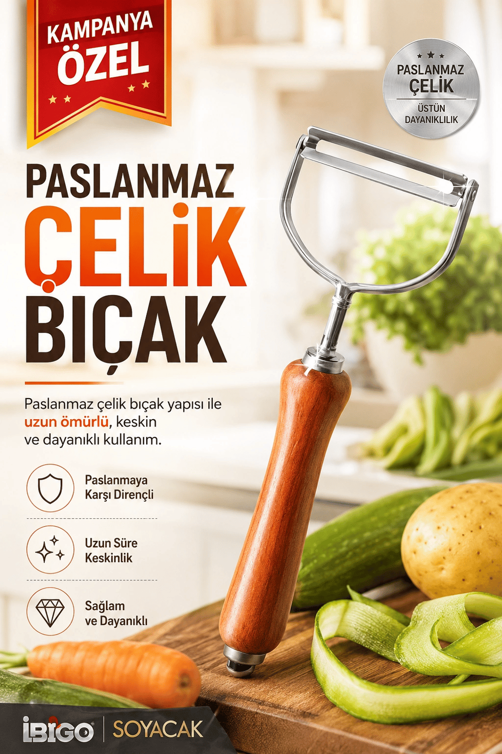 Ahşap Görünümlü Saplı Metal Sebze Meyve Soyacağı Dayanıklı Mutfak Yardımcısı
