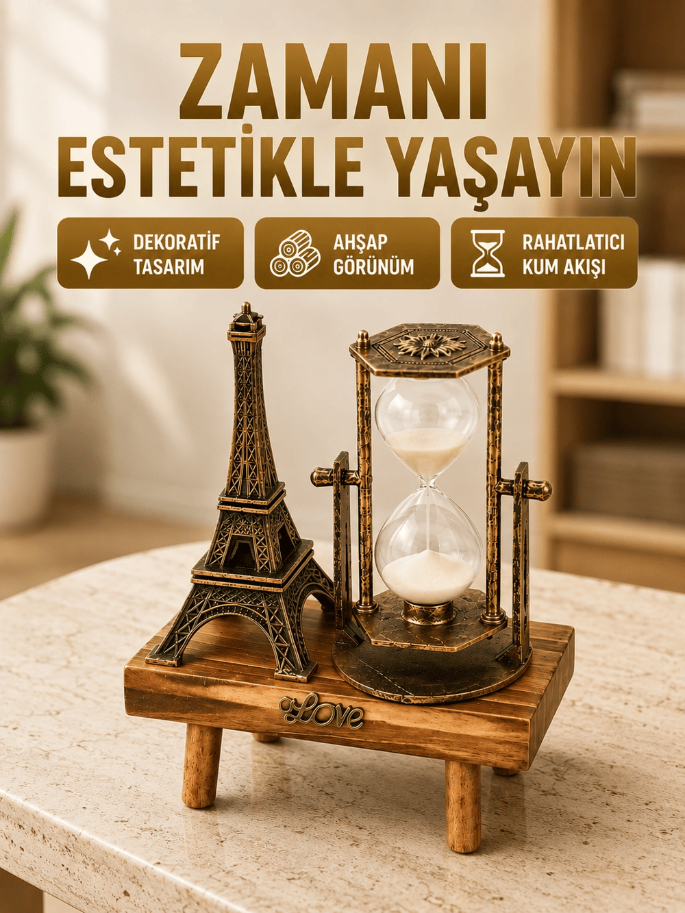 Ahşap Gövdeli Dekoratif Kum Saati – Masa Üstü El Sanatı Aksesuarı