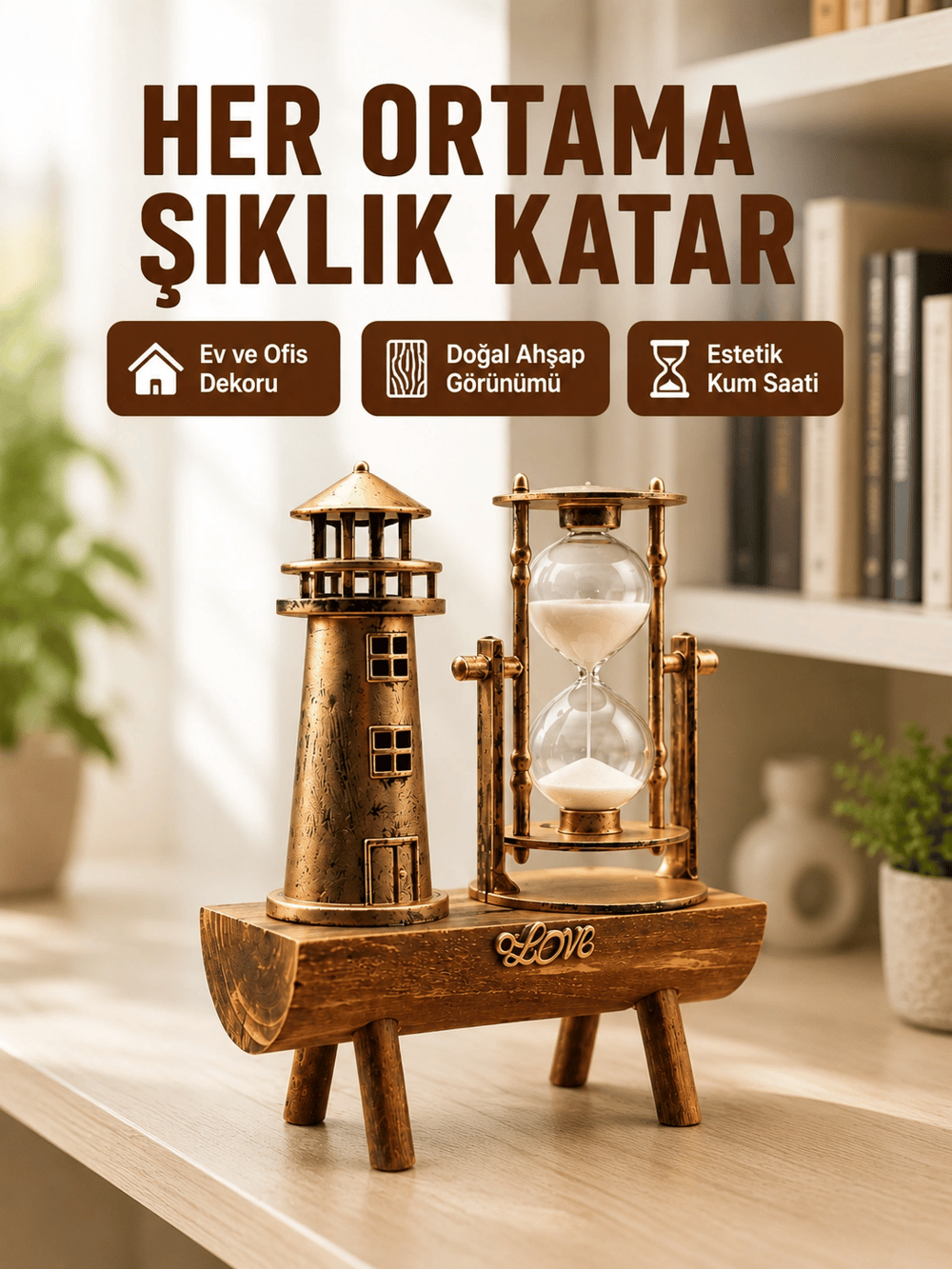 Ahşap Kum Saati ve Deniz Feneri Figürü Bir Arada  Ev Ofis Dekorasyonu Yeni Nesil