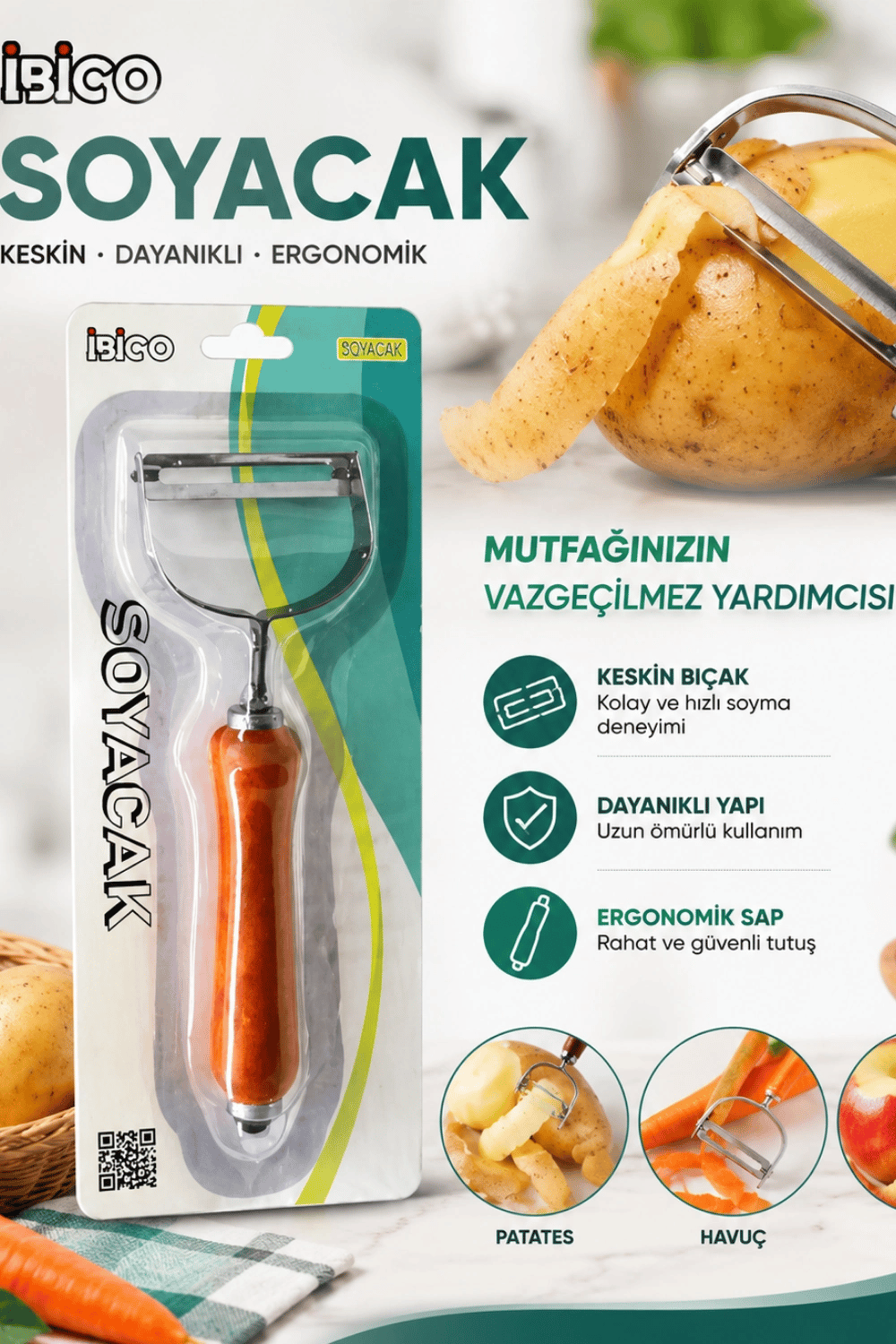 Ahşap Saplı Tek Başlıklı Metal Sebze ve Meyve Soyacağı Ergonomik Mutfak Aparatı