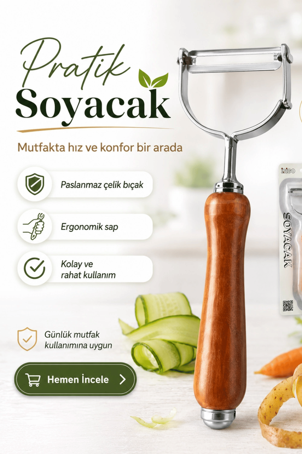 Ahşap Saplı Tek Başlıklı Metal Sebze ve Meyve Soyacağı Ergonomik Mutfak Aparatı
