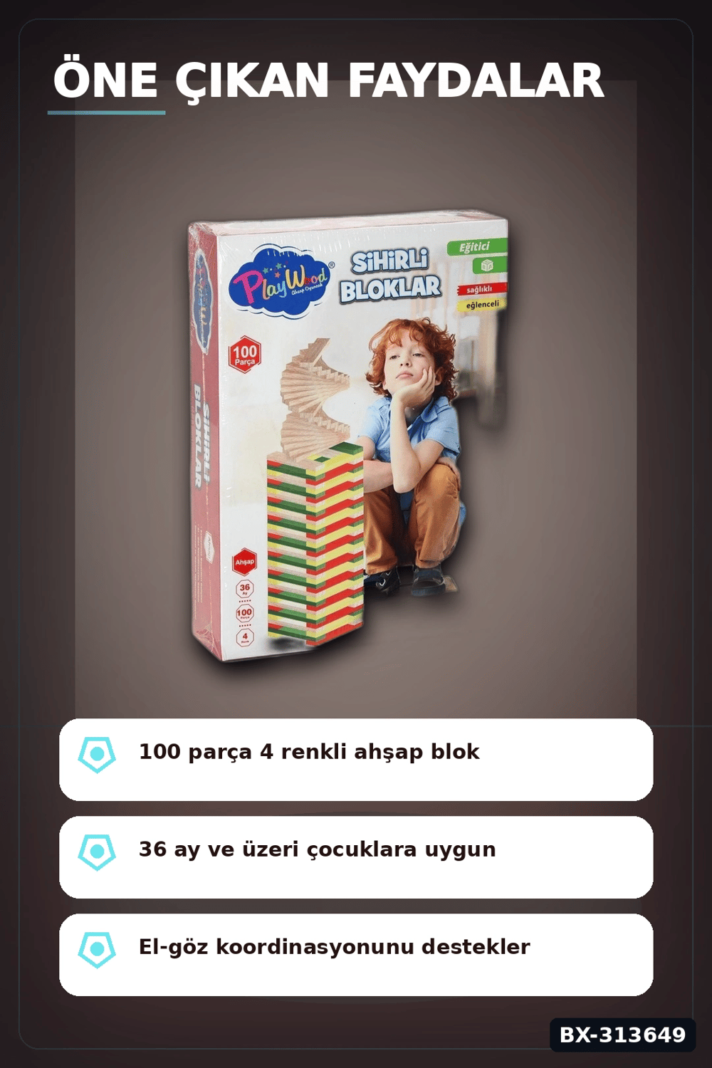 Ahşap Sihirli Bloklar 100 Parça Eğitici Oyuncak Kutusu - 36 Ay+ Çocuk Gelişim Seti BX-313649