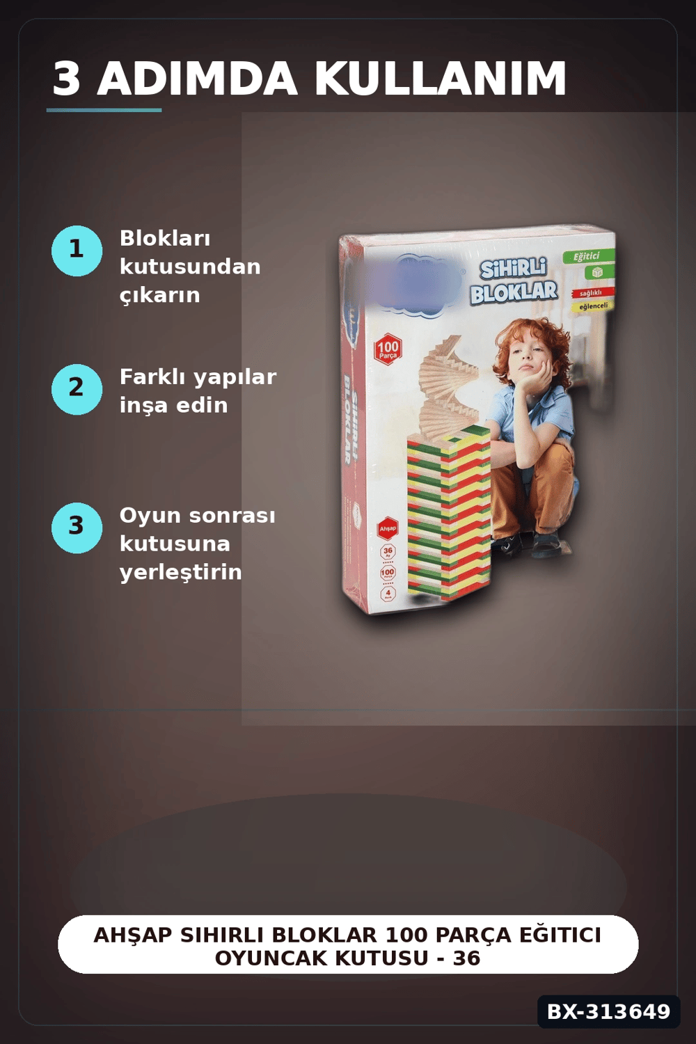 Ahşap Sihirli Bloklar 100 Parça Eğitici Oyuncak Kutusu - 36 Ay+ Çocuk Gelişim Seti BX-313649