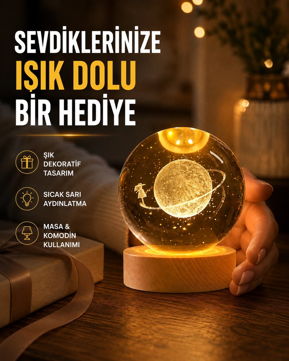 Ahşap Standlı Sarı Işıklı Dekoratif Küre Kız Figürü Tasarım