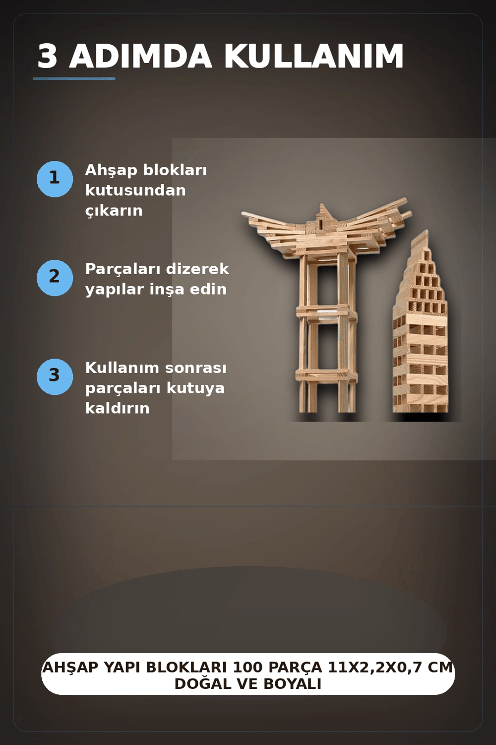 Ahşap Yapı Blokları 100 Parça 11x2,2x0,7 cm Doğal ve Boyalı Çocuk Gelişim BX-313414