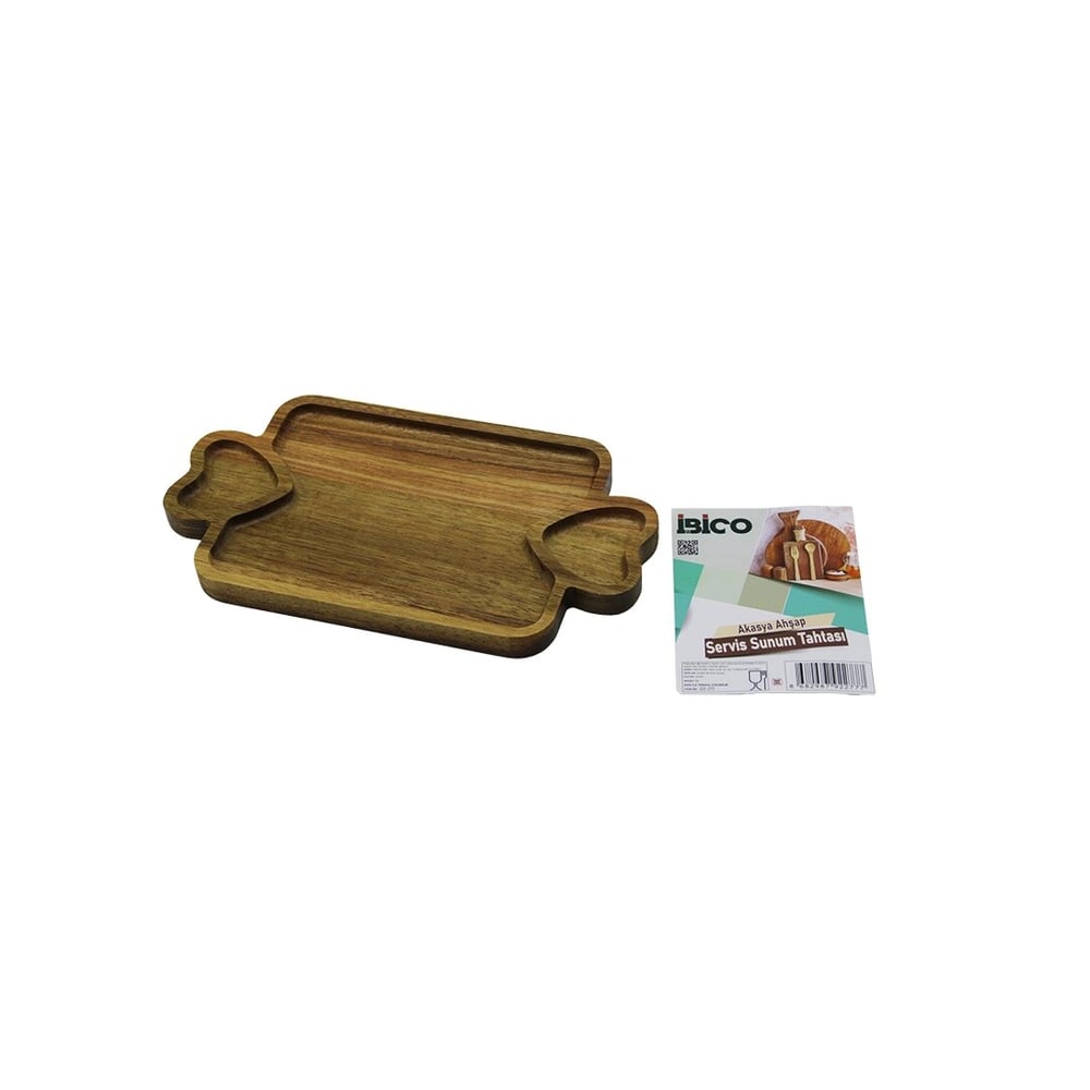 Akasya Dikdörtgen  3 Bölmeli=2in1 Kalp Kulp - Bölme + 1 Ahşap Bambu Servis Sunum Tepsi - Tahtası  25 X 14 X 1.4cm Bx40