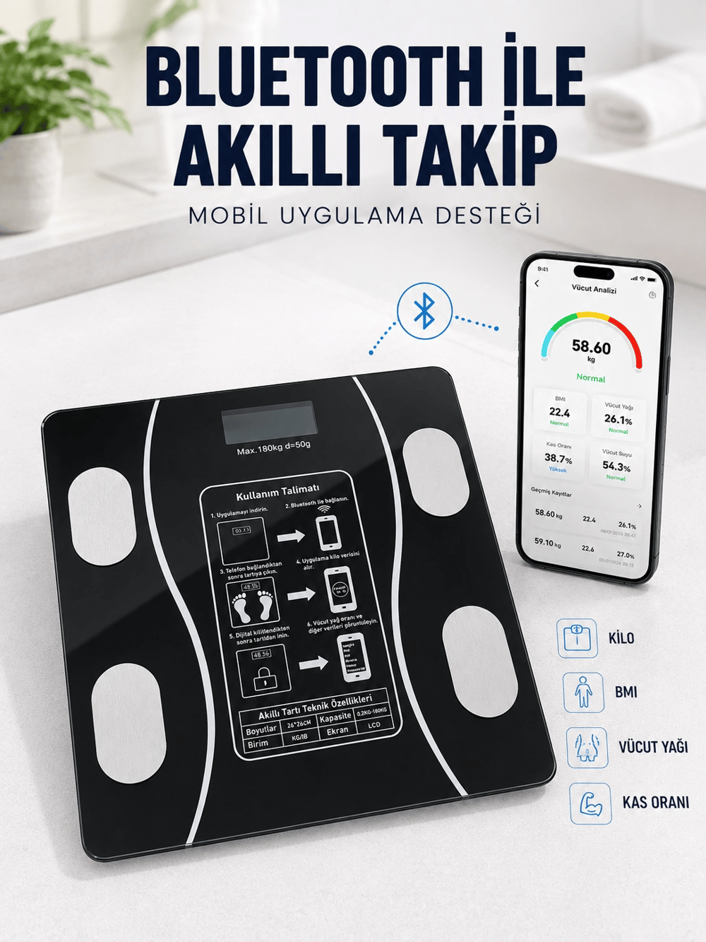 Akıllı Cam Baskül Bluetooth Mobil Uygulamalı Vücut Analiz Tartısı 180 Kg LCD Ekran