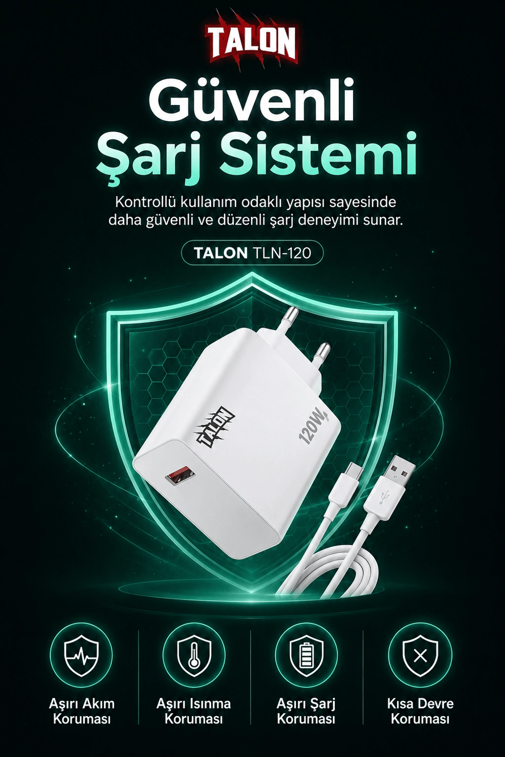 Akıllı Çip Korumalı 120W Hızlı Şarj Cihazı Kablo Dahil Güvenli Dolum Seti