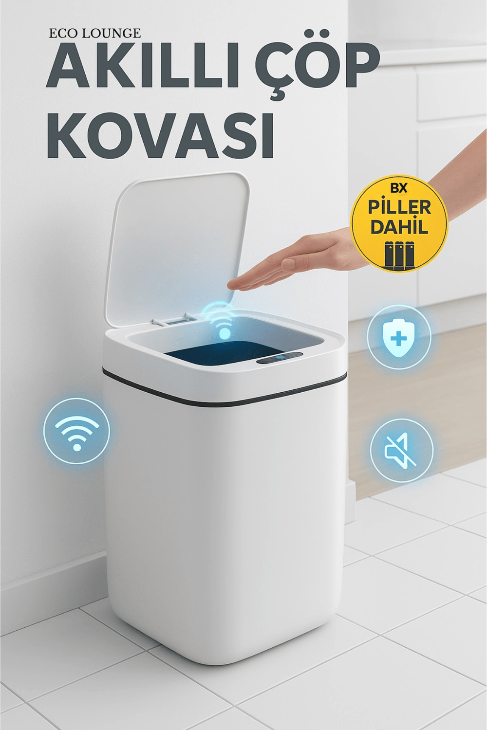 Akıllı Çöp Kovası, Büyük Boy 20 Litre, UV Işık ve Sensörlü, Haraket Algılayan, Sessiz Kapak