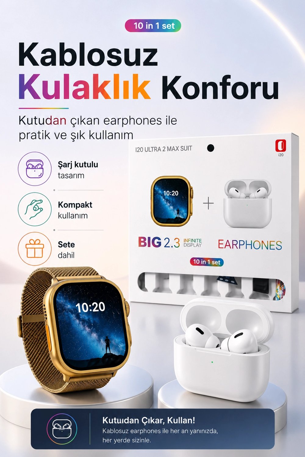 Akıllı Saat Ve Kablosuz Kulaklık Bir Arada Telefon Uyumlu Şık Hediye Seti