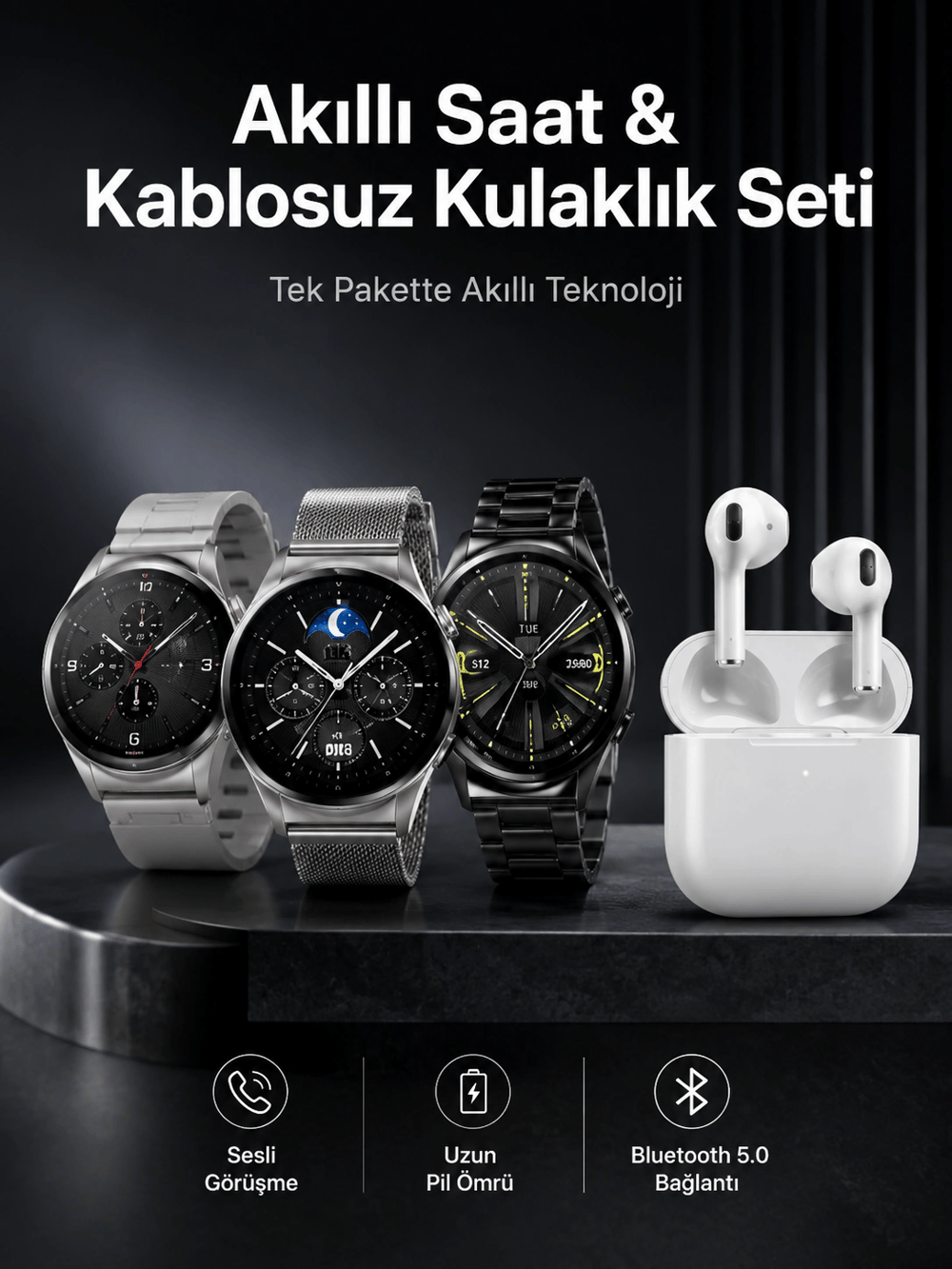 Akıllı Saat ve Kulaklık Seti Dokunmatik Ekran 5.0 Bluetooth Bağlantılı Sesli Görüşme