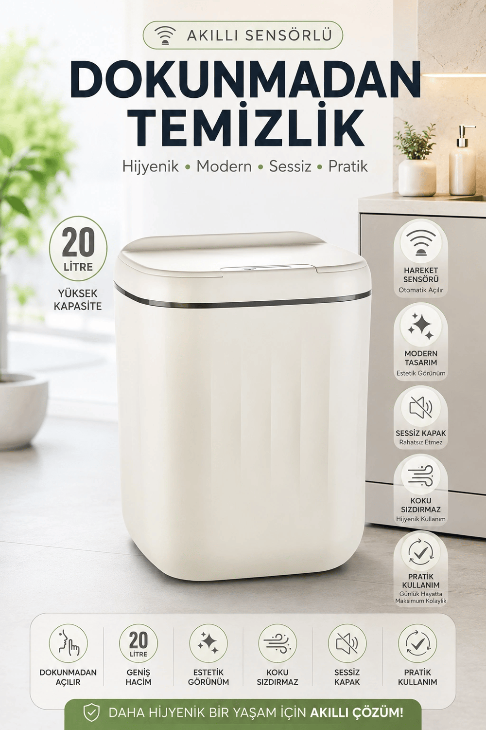 Akıllı Sensörlü 20 Litre Çöp Kovası Sessiz Kapaklı Modern Hijyenik Ev Tipi Çöp Kutusu