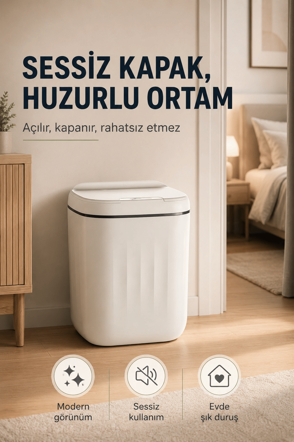 Akıllı Sensörlü 20 Litre Çöp Kovası Sessiz Kapaklı Modern Hijyenik Ev Tipi Çöp Kutusu