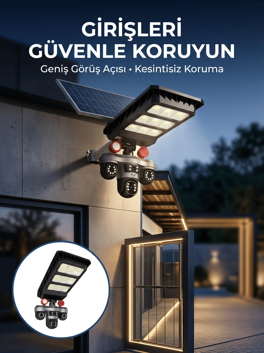 Akıllı Solar Güvenlik Kamerası 3 Lens Hareket Takip Özellikli Dış Ortam Kamera