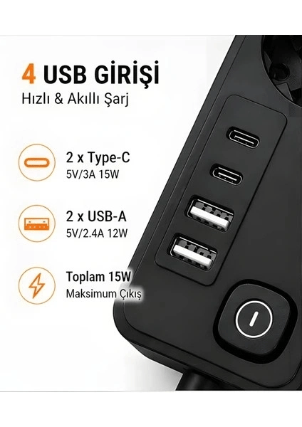 Akım Korumalı 5’li Priz 2xusb 2xtype-c Çıkış Akım Koruma Çoklu Priz Çoğaltıcı Anahtarlı Ftr-31 Siyah
