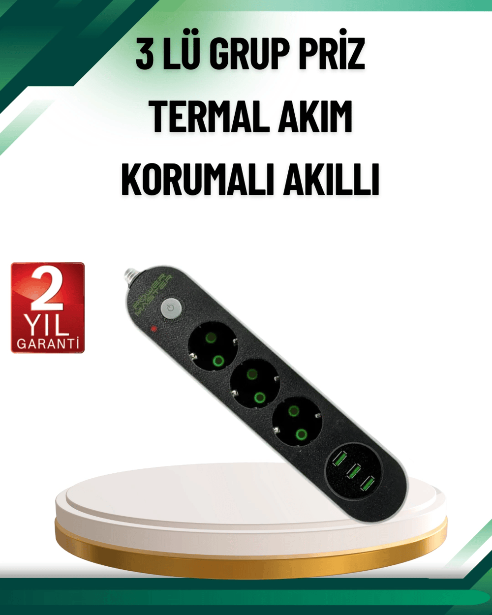 Akım Korumalı Anahtarlı USB Girişli Üçlü Priz
