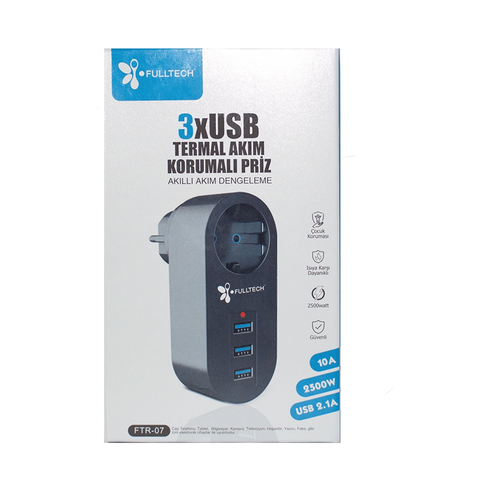 Akım Korumalı Tekli Priz - Akıllı Akım Dengeleme - 3xusb - Isıya Karşı Dayanıklı Bx40