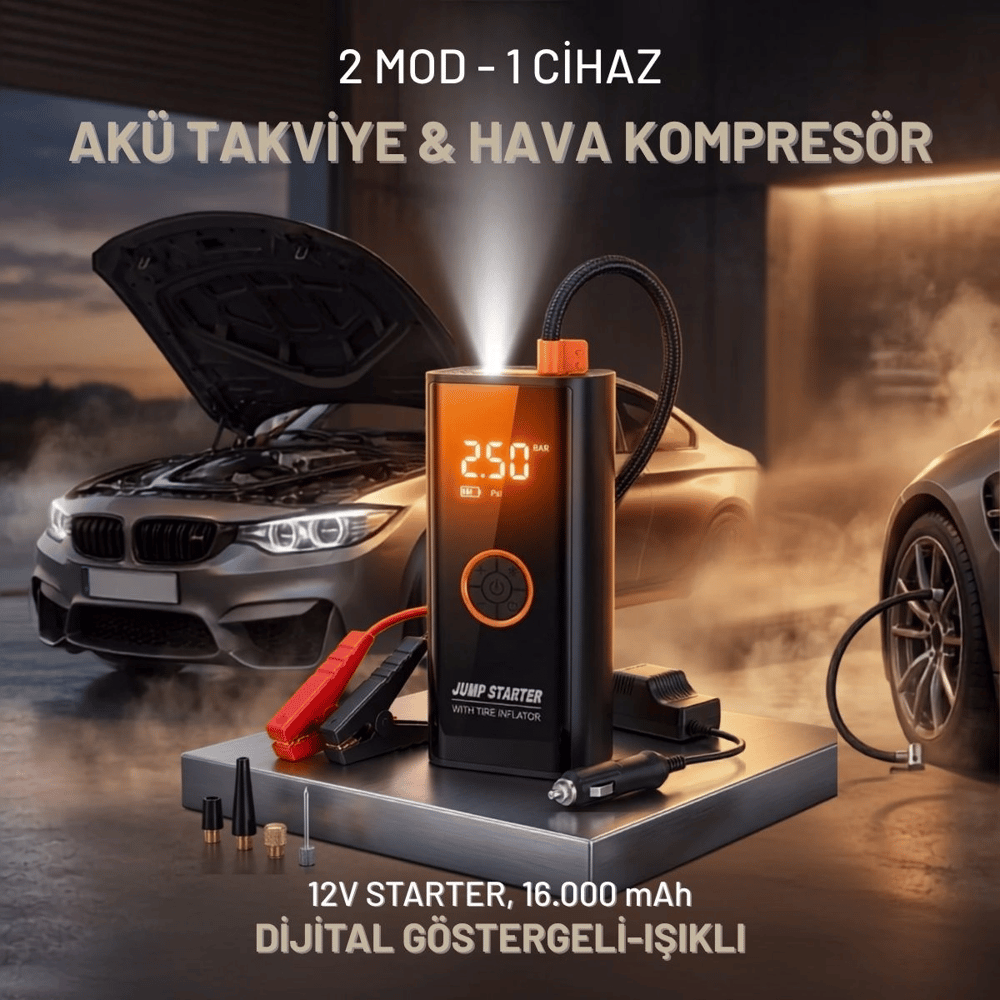 Akü Takviye Cihazı Ve Lastik Şişirme Pompası – Powerbank Özellikli, Dijital Ekranlı Sos Fenerli Taşınabilir Kompresör Bx40