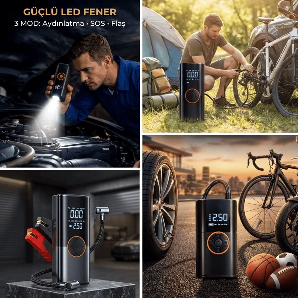 Akü Takviye Cihazı Ve Lastik Şişirme Pompası – Powerbank Özellikli, Dijital Ekranlı Sos Fenerli Taşınabilir Kompresör Bx40
