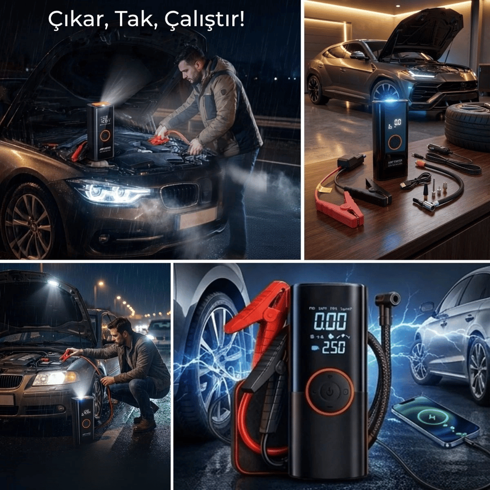Akü Takviye Cihazı Ve Lastik Şişirme Pompası – Powerbank Özellikli, Dijital Ekranlı Sos Fenerli Taşınabilir Kompresör Bx40