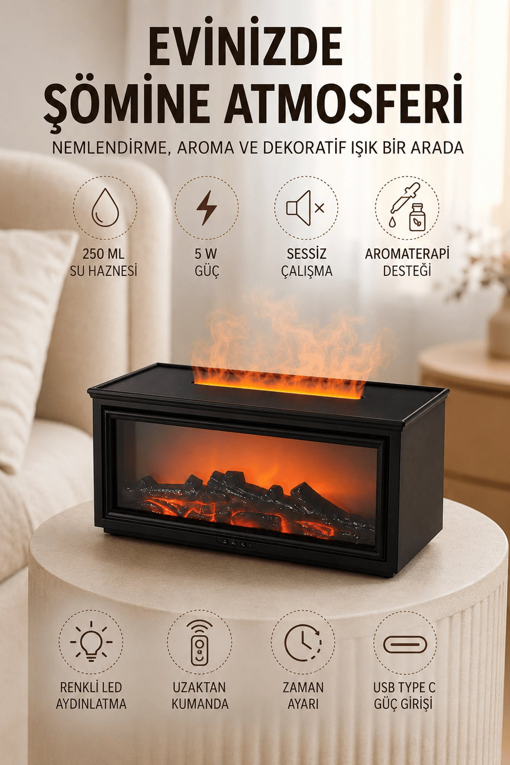 Alev Efektli Hava Nemlendirici Aromaterapi Difüzörü Uzaktan Kumandalı 250 ML