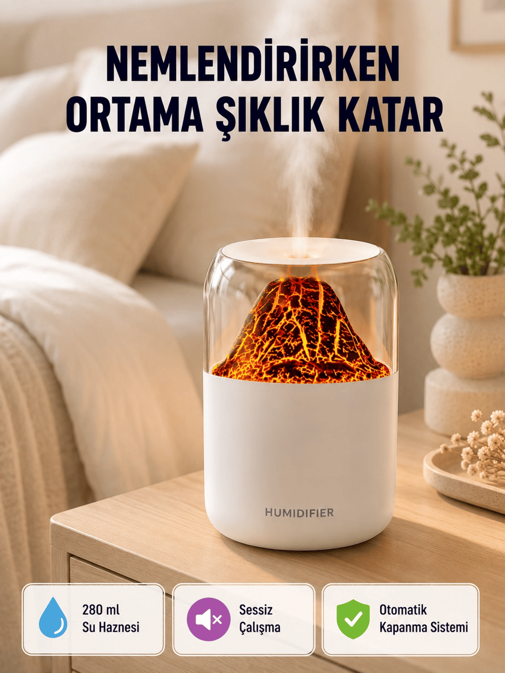 Alev Efektli Ultrasonik Uçucu Yağ Difüzörü 280ml Su Tanklı ve Sessiz Çalışma Özellikli