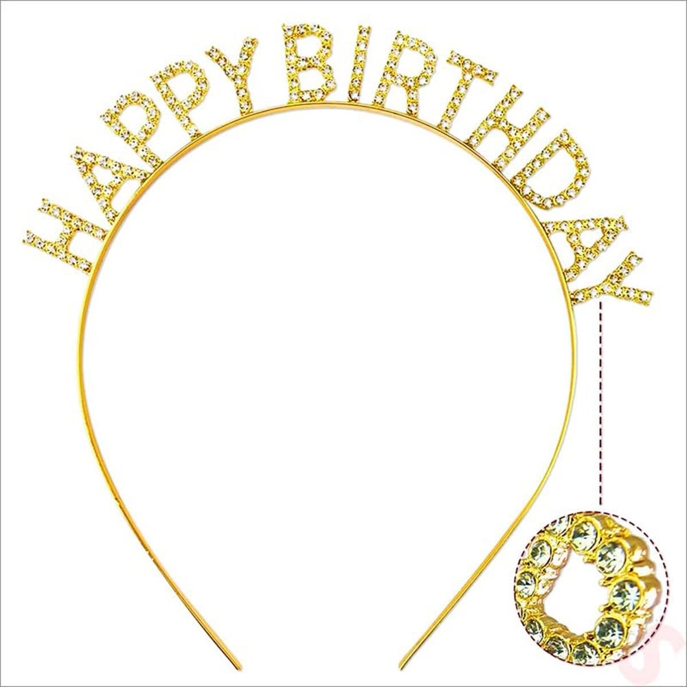 Altın Gold Renk Kristal Taşlı Parlak Happy Birthday Taç 16x17 cm (3936)