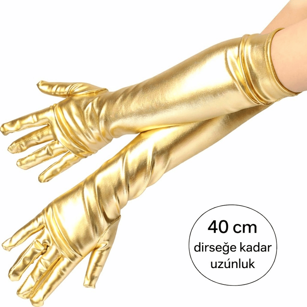 Altın Renk Dirsek Altı Lüks Saten Eldiven 40 cm