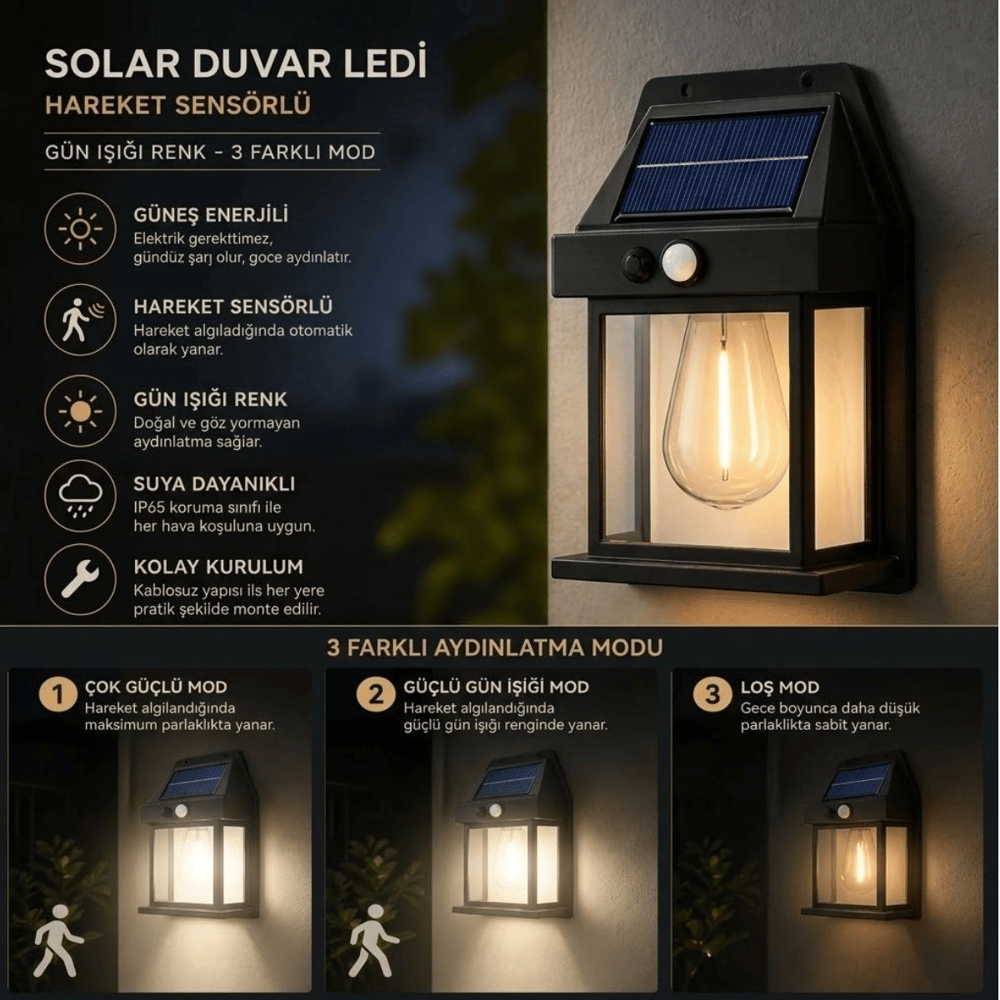 Ampul Model 3 Modlu Solar Led Duvar Lambası, Güneş Enerjili, Şarjlı Kablosuz Dış Mekân Apliği, Bahçe Ve Kapı Lambası Bx40
