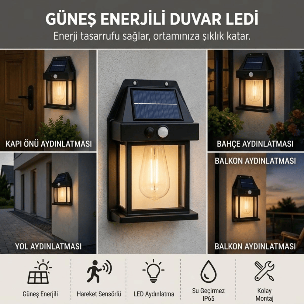 Ampul Model 3 Modlu Solar Led Duvar Lambası, Güneş Enerjili, Şarjlı Kablosuz Dış Mekân Apliği, Bahçe Ve Kapı Lambası Bx40