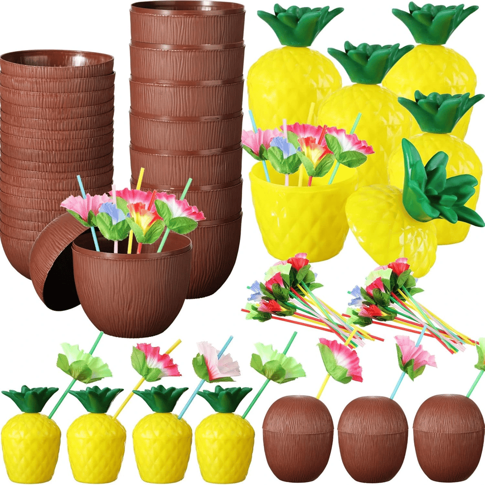 Ananas & Hindistan Cevizi Tasarımlı Pipetli Bardak Seti (6 Adet)