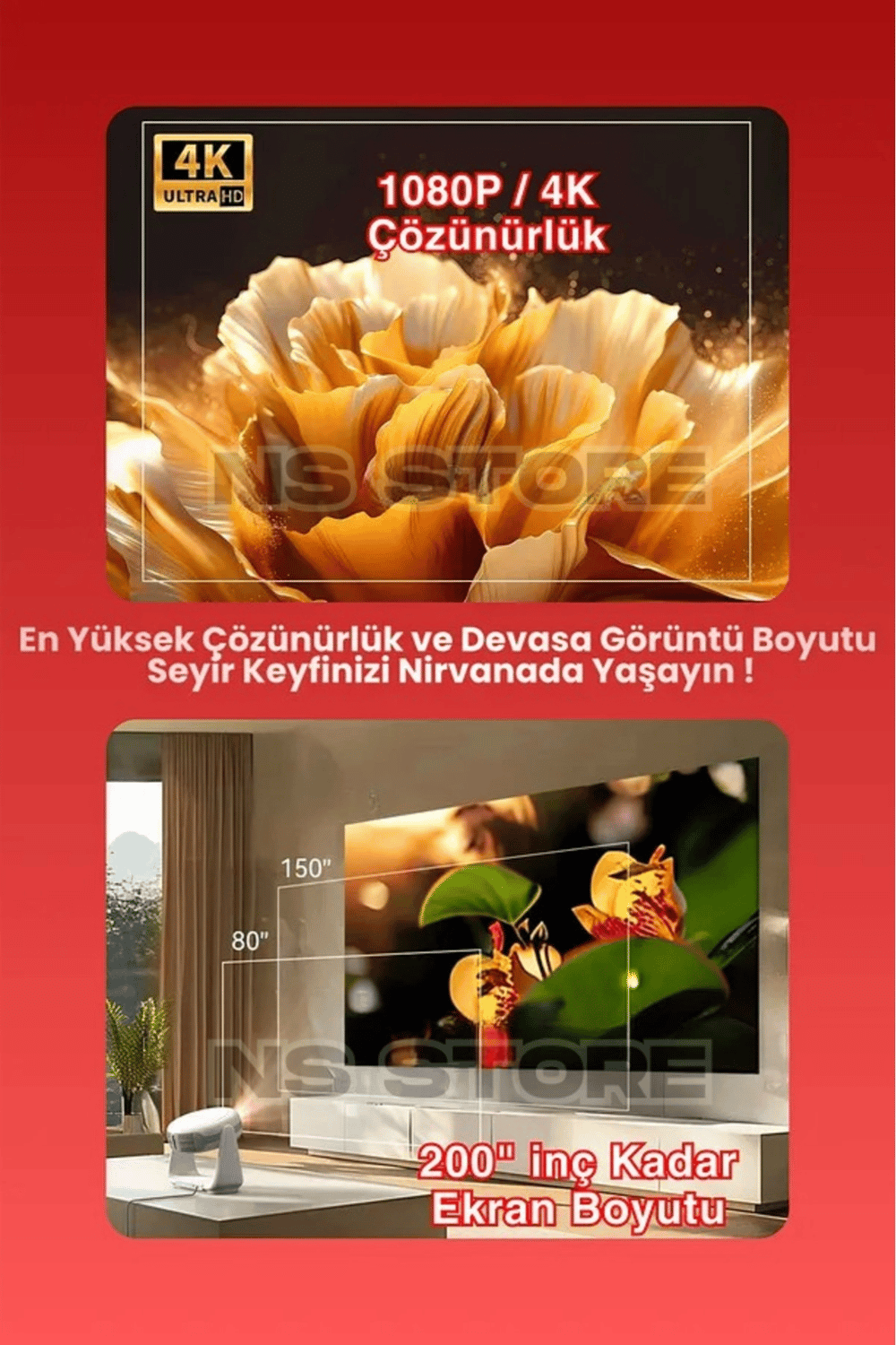 Android İşletim Sistemli, 4K Destekli 1080P Çözünürlükte Taşınabilir LED Projektör