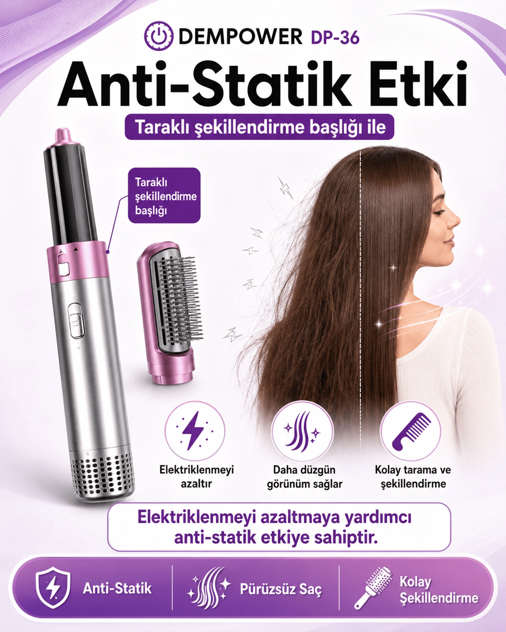Anti Statik Etkili 5 Başlıklı Saç Şekillendirici Sıcak Hava Fırçası ve Maşa Seti