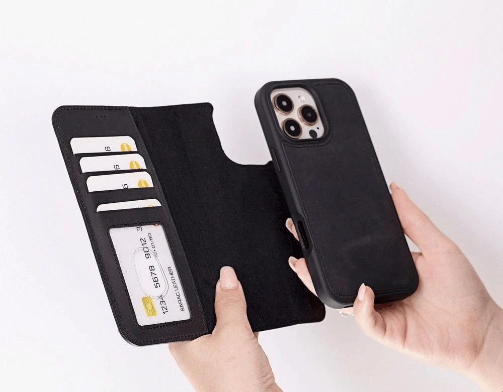 Apple iPhone 16 Pro uyumlu, Hakiki Deri, El Yapımı, Cüzdanlı Kılıf, Mat Siyah