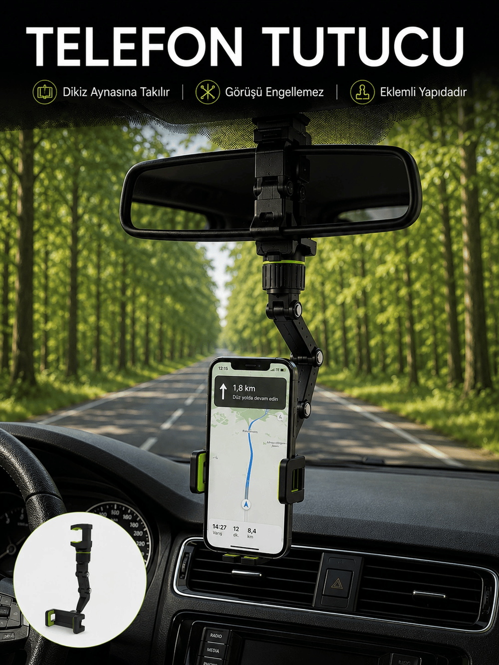 Araç İçi Dikiz Aynası Telefon Tutucu 360° Dönebilen Katlanabilir
