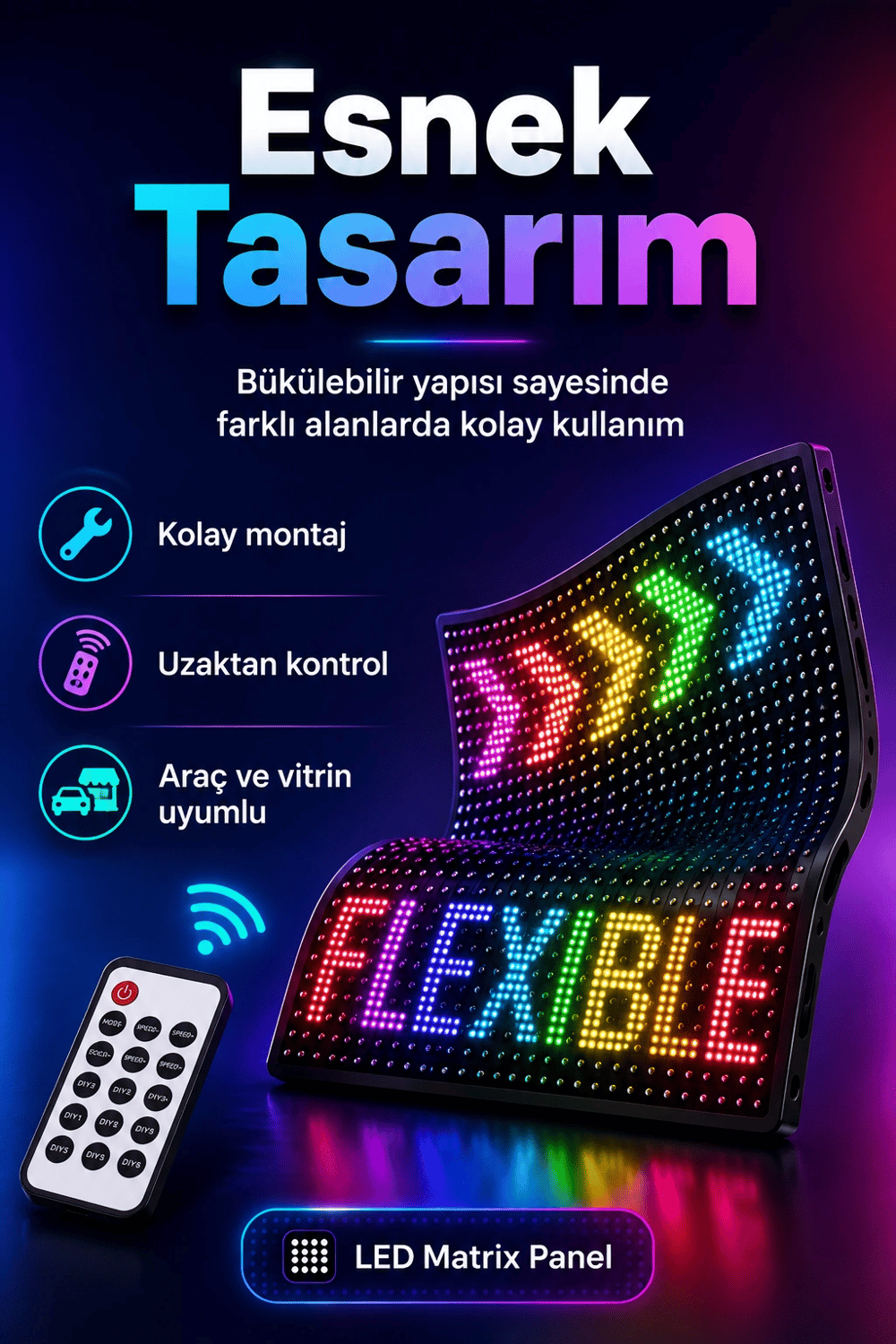 Araç Mağaza Ve Vitrin İçin Renkli LED Kayan Yazı Paneli Kumandalı Ekran