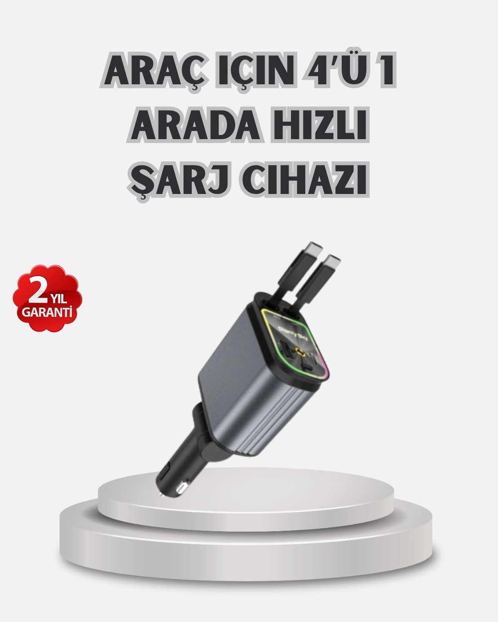 Araç Şarj Cihazı 4 Portlu 66W Hızlı Şarjlı LED Işıklı ve 180° Dönebilir