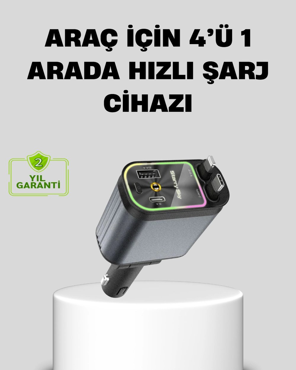 Araç Şarj Cihazı 66W 4 Portlu Hızlı Şarj ve LED Işıklı