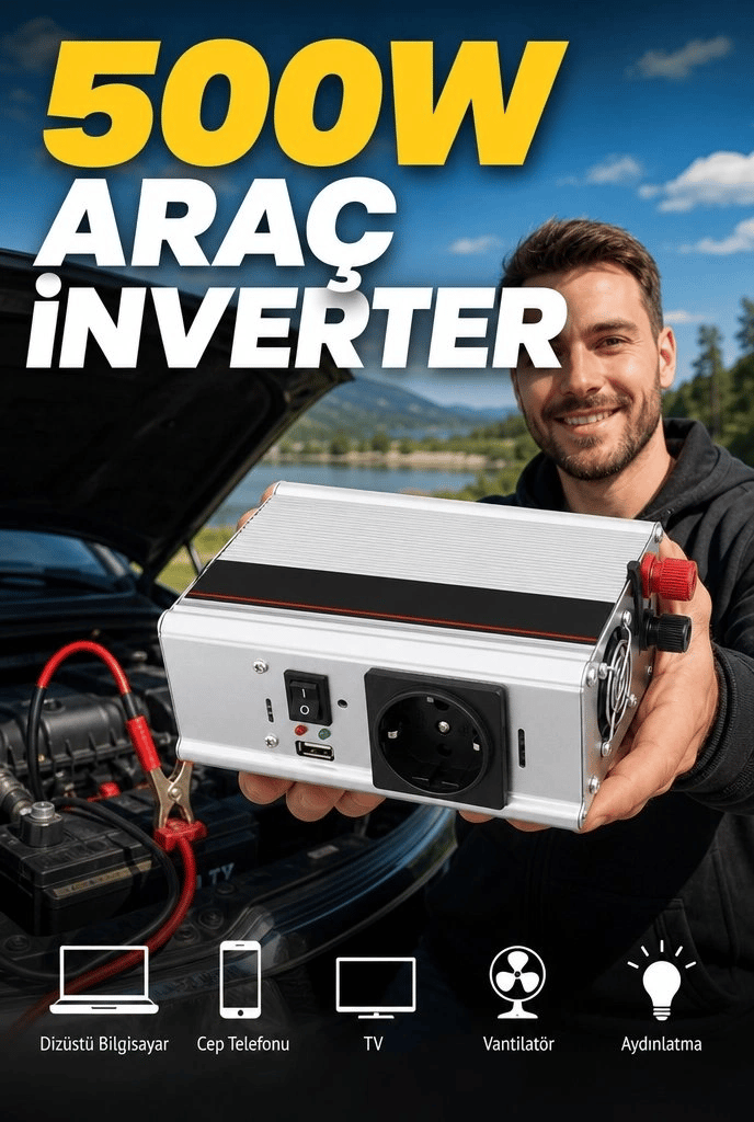 Araç ve Karavan İçin 500W 12V DC 220V AC USB Çıkışlı Fanlı İnverter Akü Güç Dönüştürücü