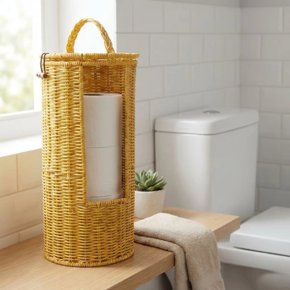 Askılı Plastik Rattan Tuvalet Kâğıdı Standı – Hasır Görünümlü, Kapaklı, Yedekli Wc Kâğıtlık, Banyo Ve Tuvalet İçin Dekoratif Organizer Bx40